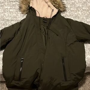Lane Bryant Olive Puffer Jacket with Faux Fur Trim